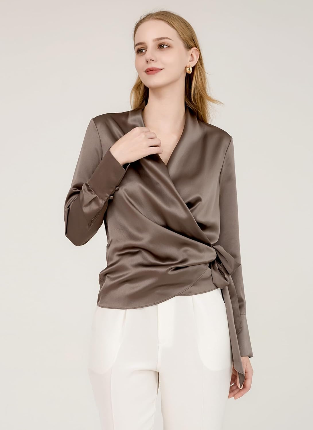 Luxury Mulberry Silk Elegant Fitted Wrap Silk Blouse Long Sleeve Shirt