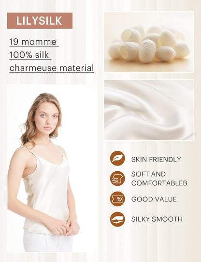 Womens Silk Camisole 100% 19MM Mulberry Silk Basic Tank Tops Summer Casual Classic Top Loose