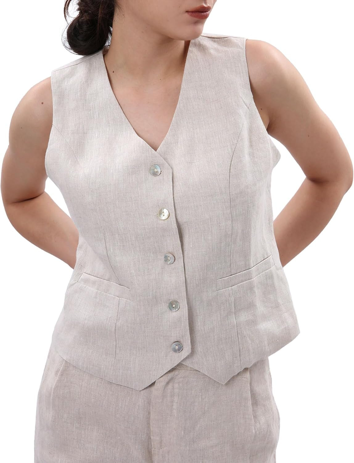 Women'S 100% Linen Sleeveless Button down Crop Top Tie Back Waistcoat Vest