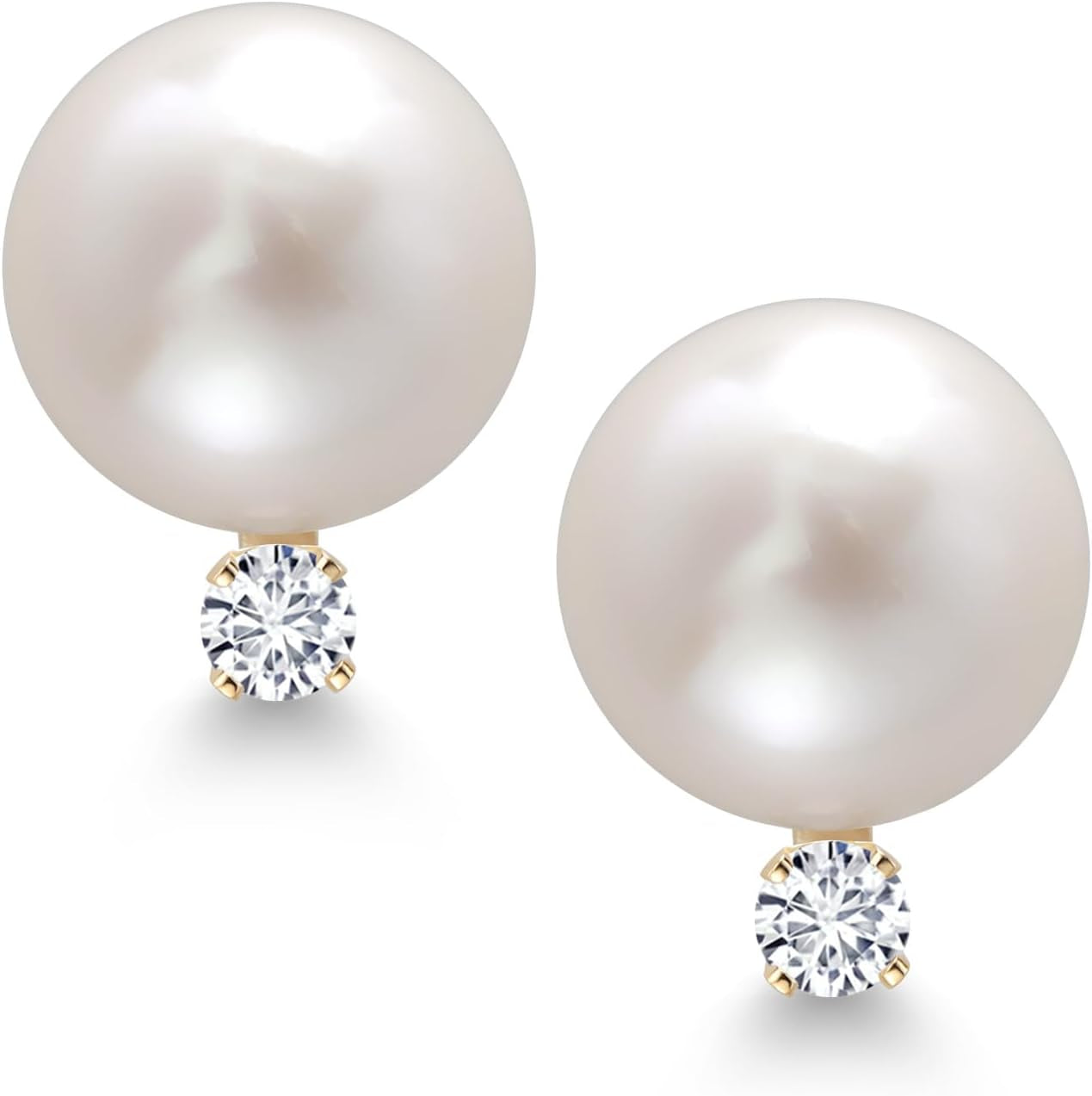 14K Yellow Gold Cultured Freshwater Pearls and White Lab Grown Diamond Stud Earrings for Women (Pearl: 6.5MM, Diamond: 0.13 Cttw, round 2.5MM)