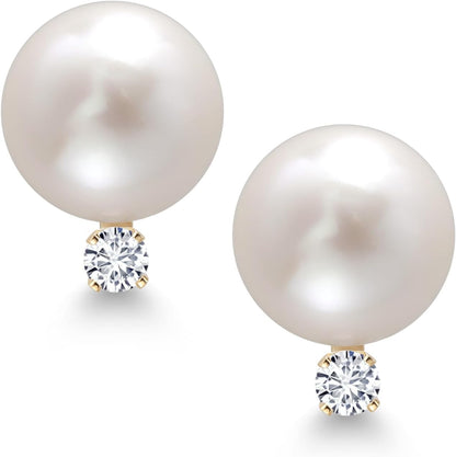 14K Yellow Gold Cultured Freshwater Pearls and White Lab Grown Diamond Stud Earrings for Women (Pearl: 6.5MM, Diamond: 0.13 Cttw, round 2.5MM)