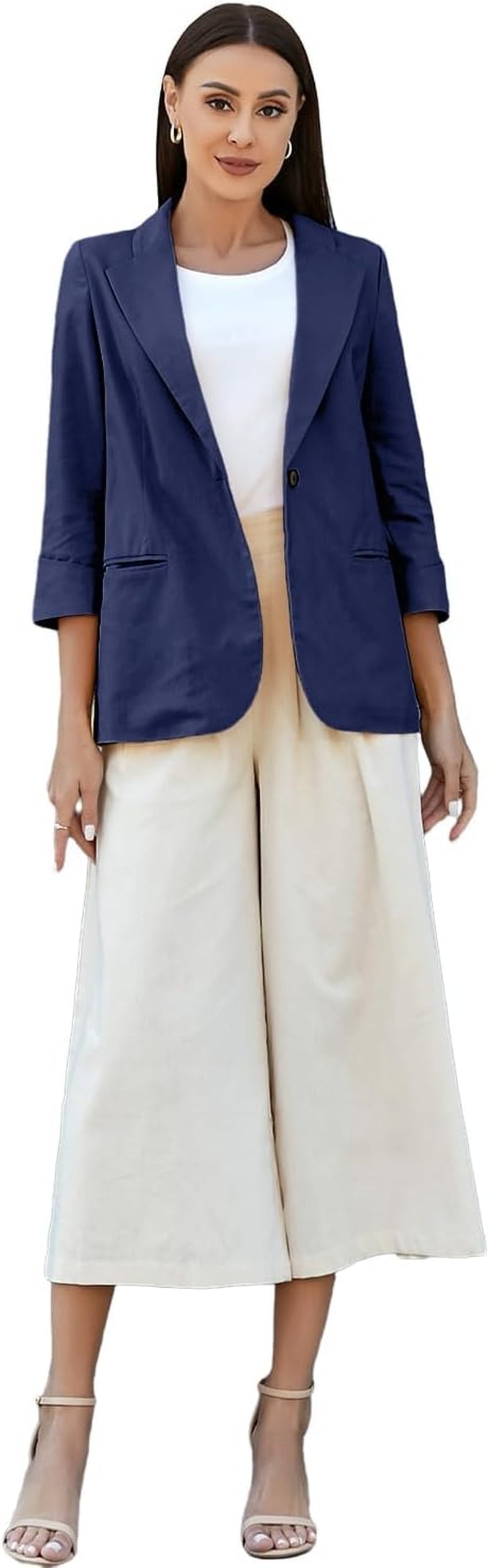Linen Blazer Women 3/4 Sleeve Lightweight Spring Summer Blazer Jackets