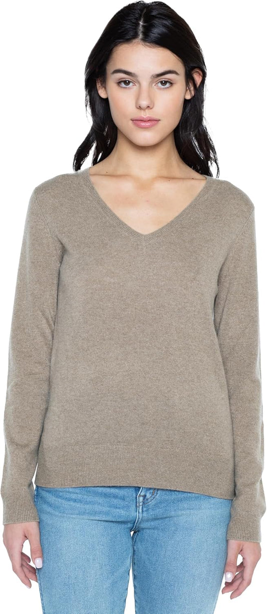 Women'S 100% Pure Cashmere Long Sleeve Pullover V Neck Sweater
