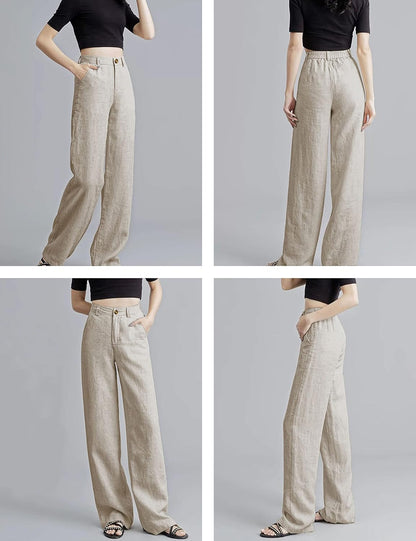 Womens Cotton Linen Pants Casual Button up High Waisted Wide Leg Trousers
