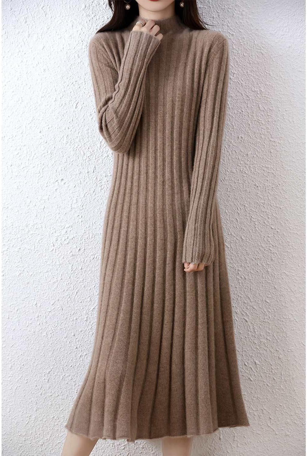 100% Wool Sweater Dress Women'S Mock Neck Pit Strips Slim V-Neck Long Sleeve Pullover A-Line Knitted Dress