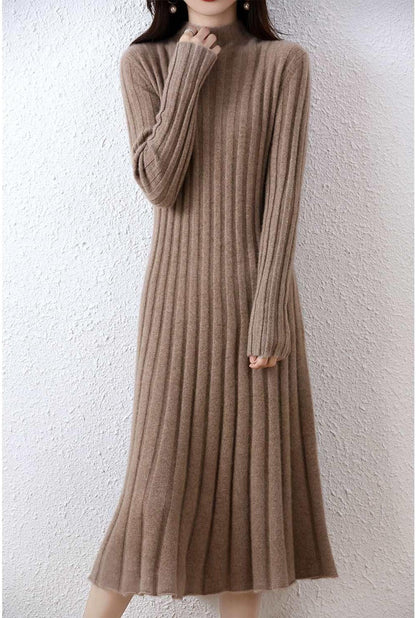 100% Wool Sweater Dress Women'S Mock Neck Pit Strips Slim V-Neck Long Sleeve Pullover A-Line Knitted Dress