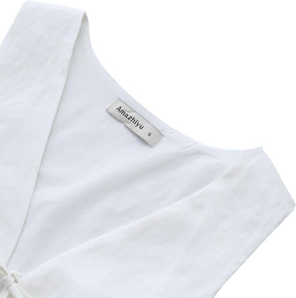 Women'S 100% Linen Tie Front Crop Tops Sleeveless Summer Casual Vest