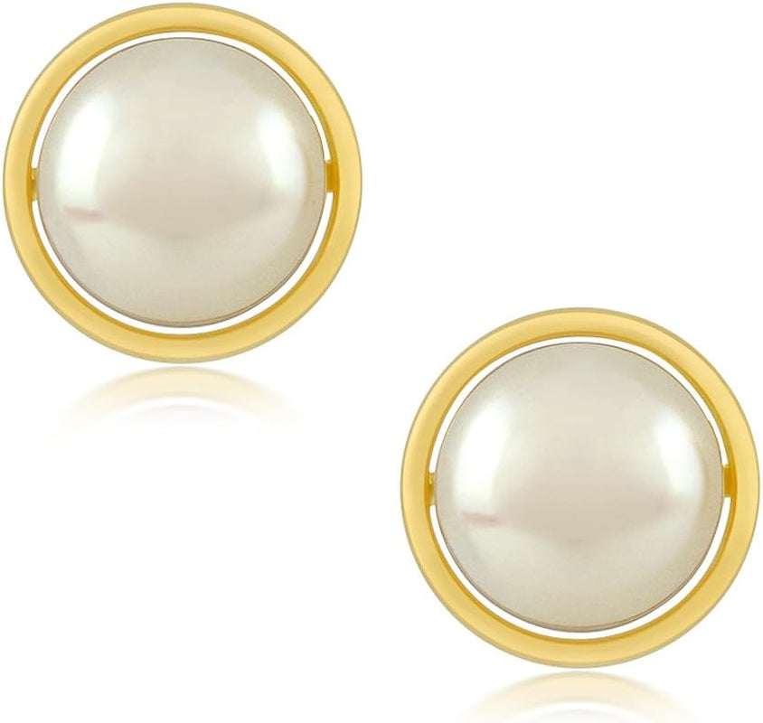 14K Yellow Gold 8MM White Button Shape Cultured Freshwater Pearl Stud Earrings for Women