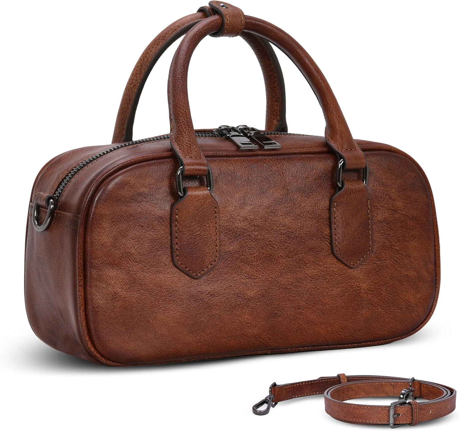 Leather Shoulder Bags for Women Satchel Handbags Zipper Crossbody Purse Top Handle Barrel Purse with Adjustable Strap