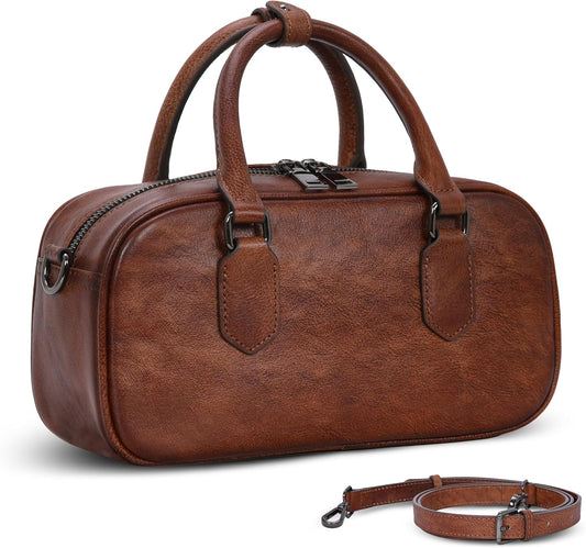 Leather Shoulder Bags for Women Satchel Handbags Zipper Crossbody Purse Top Handle Barrel Purse with Adjustable Strap