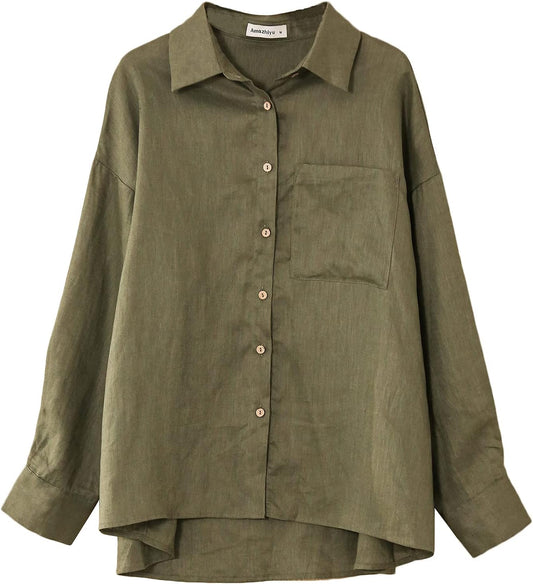 Womens 100% Linen Long Sleeves Button down Shirt Summer Casual Tops with Pocket