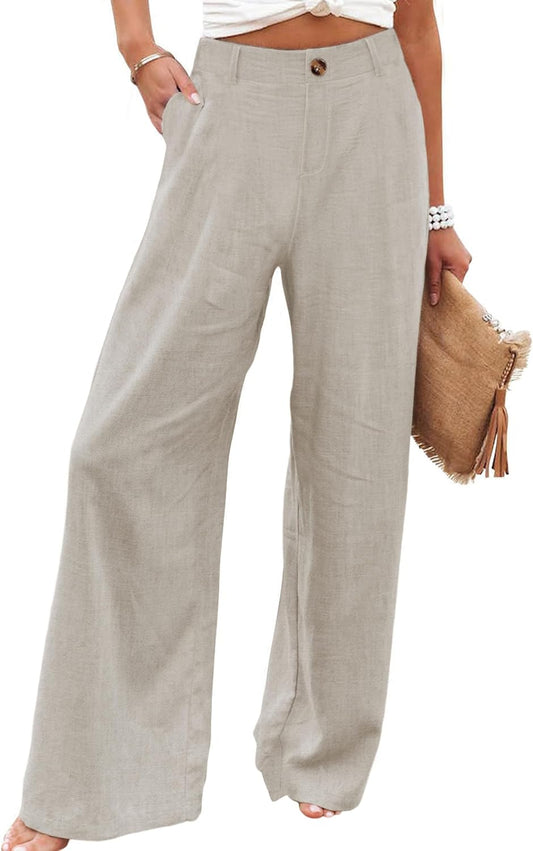 Womens Cotton Linen Pants Casual Button up High Waisted Wide Leg Trousers