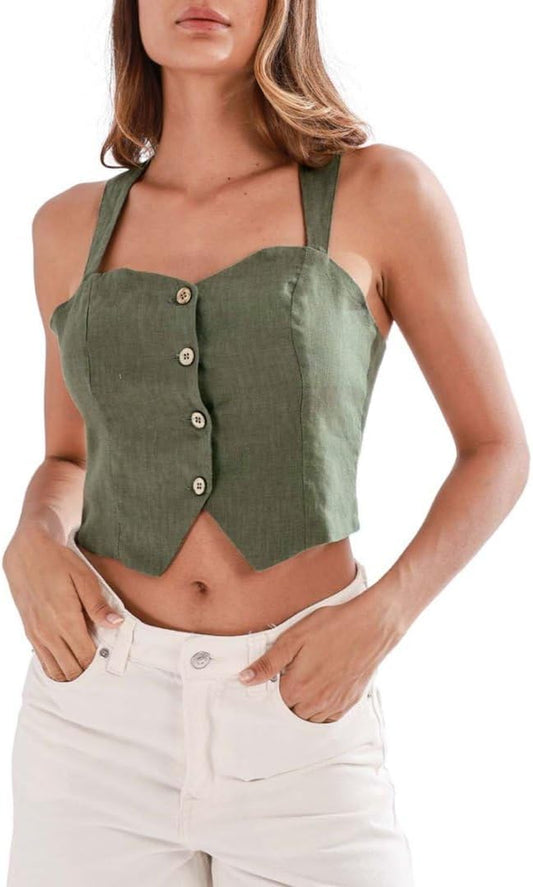 Women'S 100% Linen Button down Back Cross Crop Top Sleeveless Blouse