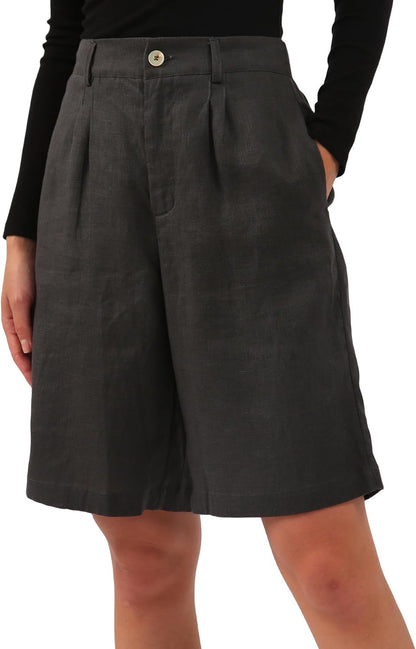 Womens Pure Linen High Waisted Bermuda Lounge Shorts Casual Summer
