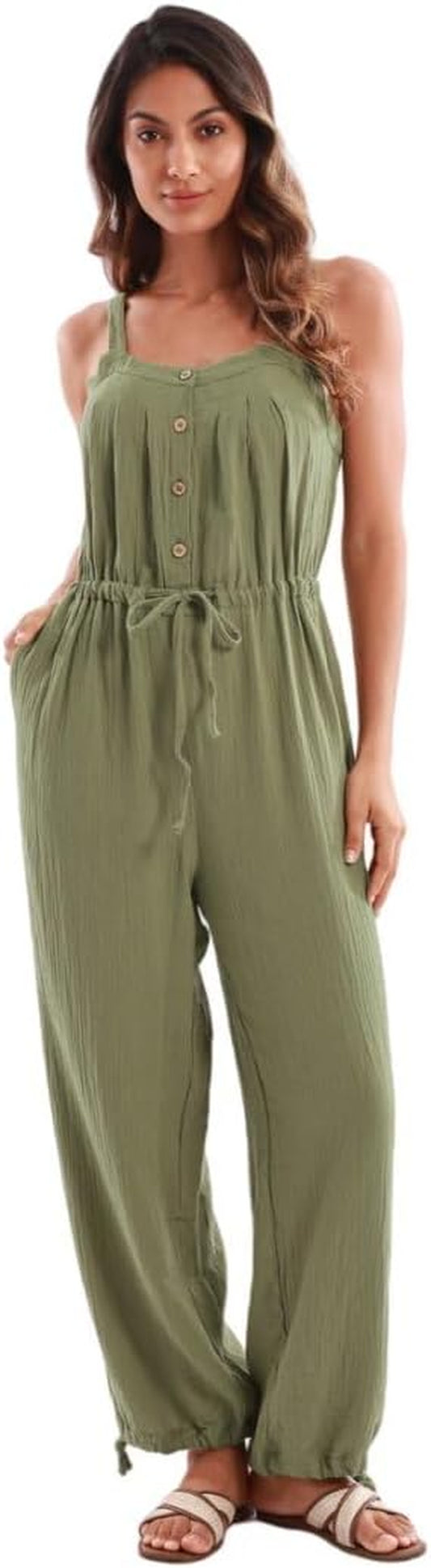 Women'S Cotton Gauze Casual Sleeveless One Piece Wide-Leg Jumpsuit