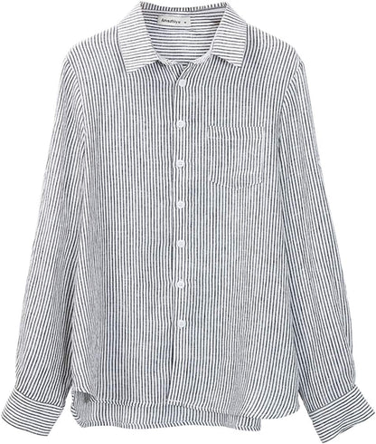 Women'S 100% Linen Button down Collar Shirt Casual Basic Roll-Up Sleeves Blouse Loose Tops Summer