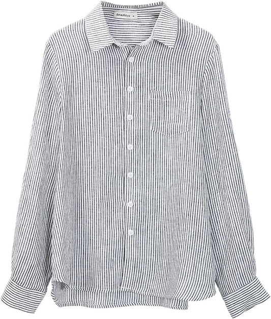 Women'S 100% Linen Button down Collar Shirt Casual Basic Roll-Up Sleeves Blouse Loose Tops Summer