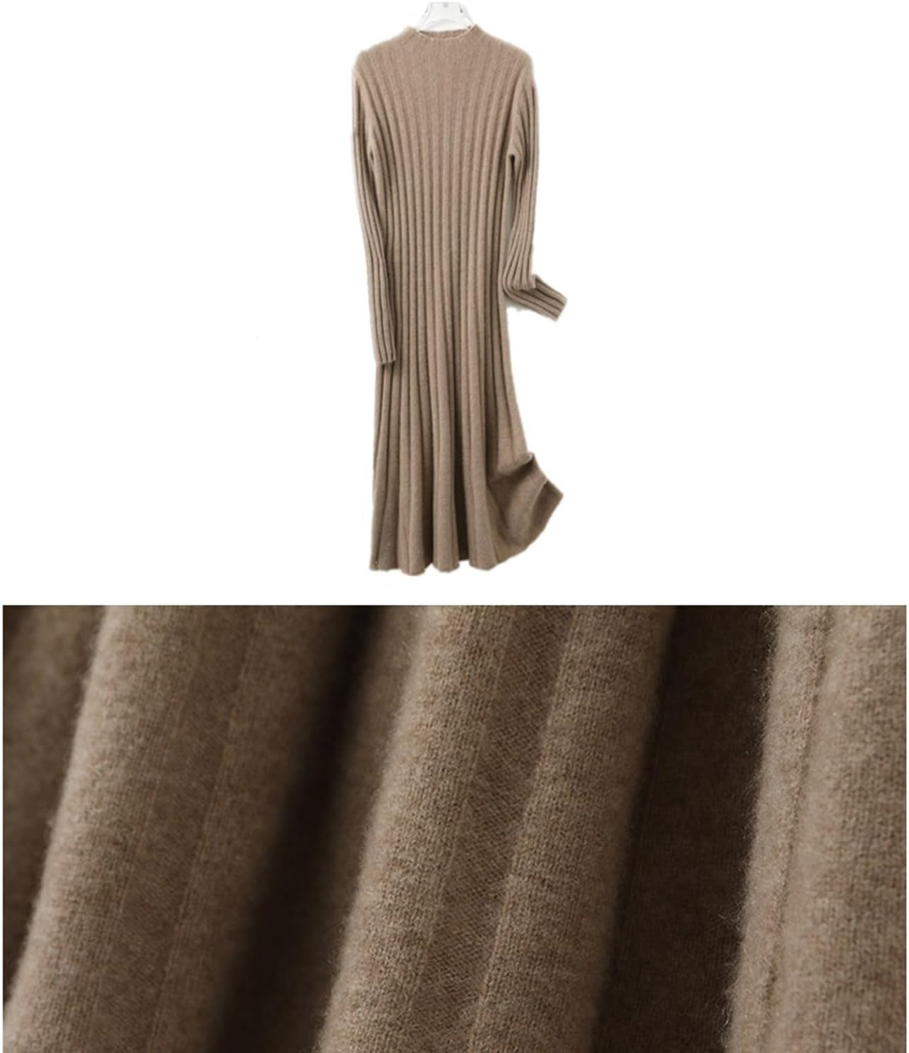 100% Wool Sweater Dress Women'S Mock Neck Pit Strips Slim V-Neck Long Sleeve Pullover A-Line Knitted Dress