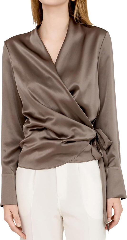 Luxury Mulberry Silk Elegant Fitted Wrap Silk Blouse Long Sleeve Shirt