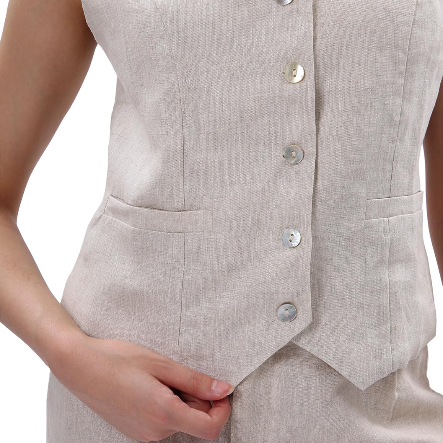 Women'S 100% Linen Sleeveless Button down Crop Top Tie Back Waistcoat Vest