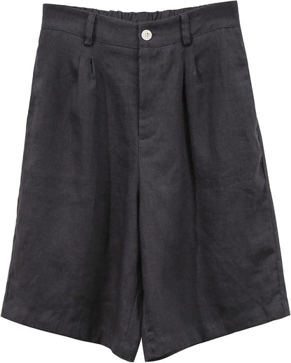 Womens Pure Linen High Waisted Bermuda Lounge Shorts Casual Summer
