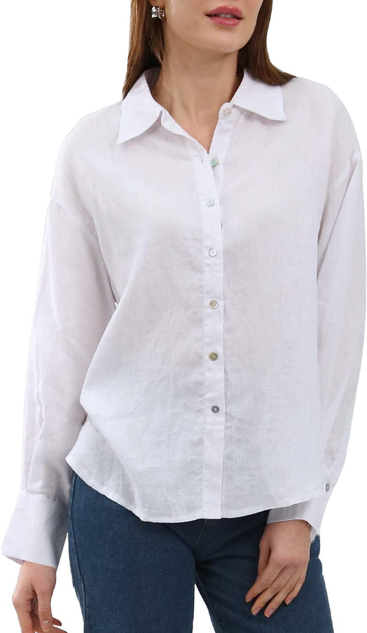 Womens Pure Linen Button down Shirt Long Sleeve Business Causal Collared Blouse