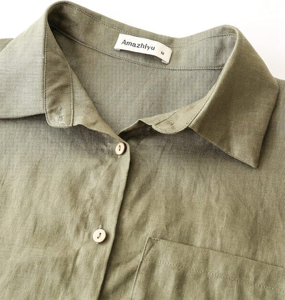 Womens 100% Linen Long Sleeves Button down Shirt Summer Casual Tops with Pocket