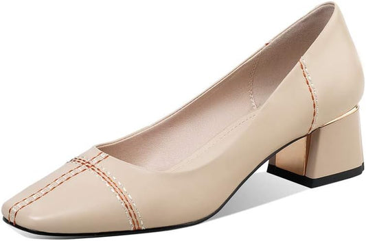 Women'S Genuine Leather Square Toe Handmade Comfort Low Chunky Heels Loafters