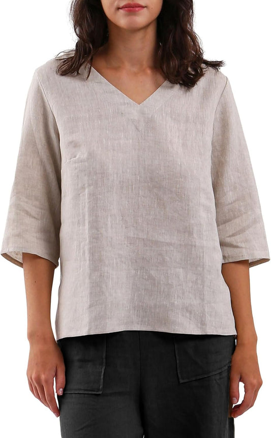 Women'S 100% Linen 3/4 Sleeve Blouse V Neck Summer Casual Loose Tops