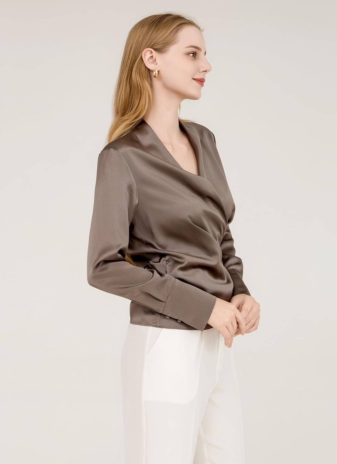 Luxury Mulberry Silk Elegant Fitted Wrap Silk Blouse Long Sleeve Shirt