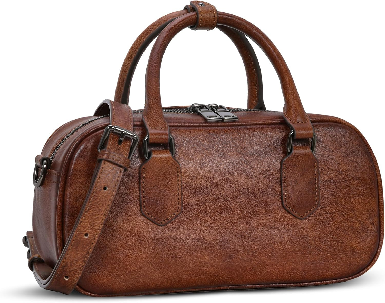 Leather Shoulder Bags for Women Satchel Handbags Zipper Crossbody Purse Top Handle Barrel Purse with Adjustable Strap