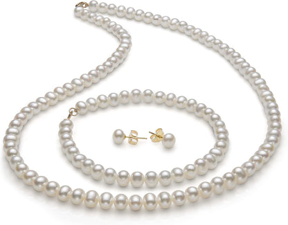 14K Gold Freshwater Pearl 18" Necklace Bracelet Stud Earrings Set for Women | Jewelry for Her | Gift Box Included
