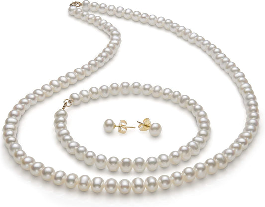 14K Gold Freshwater Pearl 18" Necklace Bracelet Stud Earrings Set for Women | Jewelry for Her | Gift Box Included