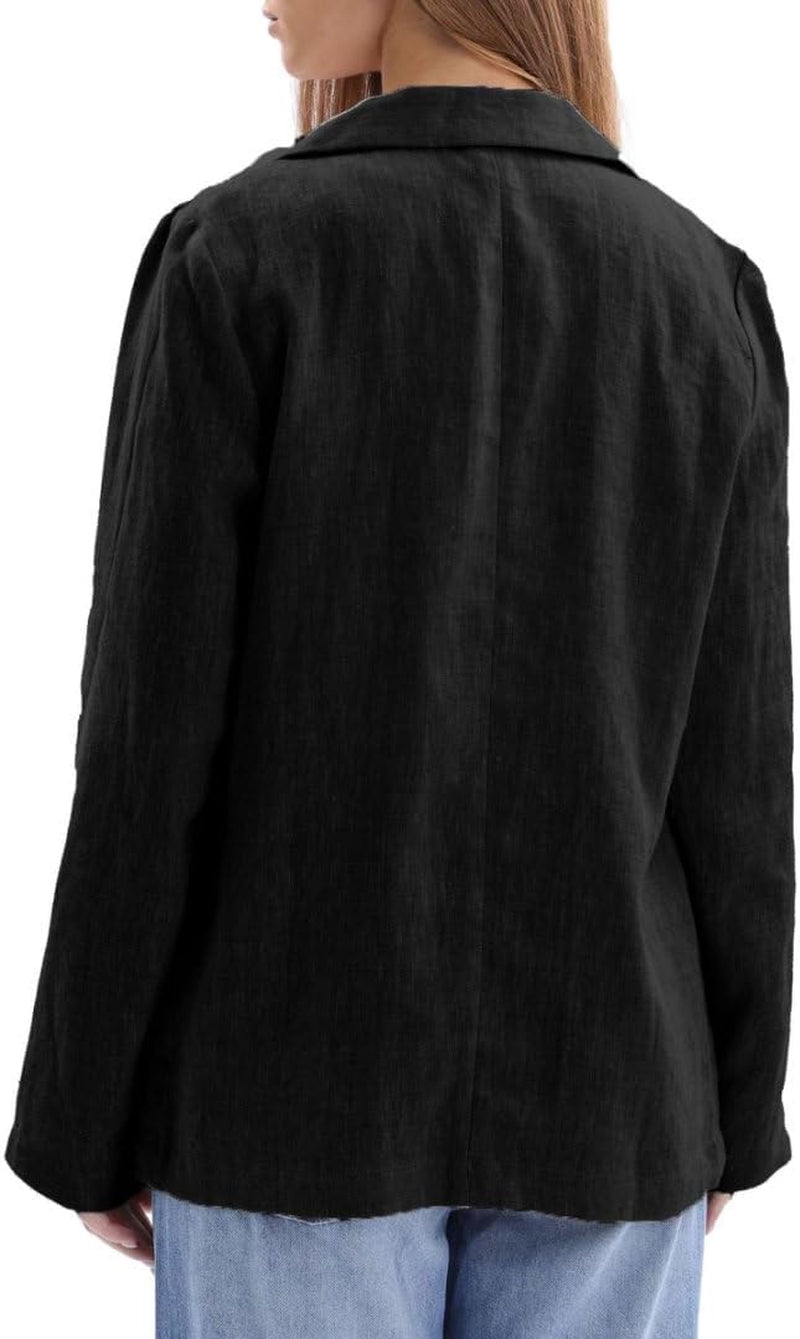 Women'S 100% Linen Notched Button Blazer Long Sleeve Jackets Office Coat
