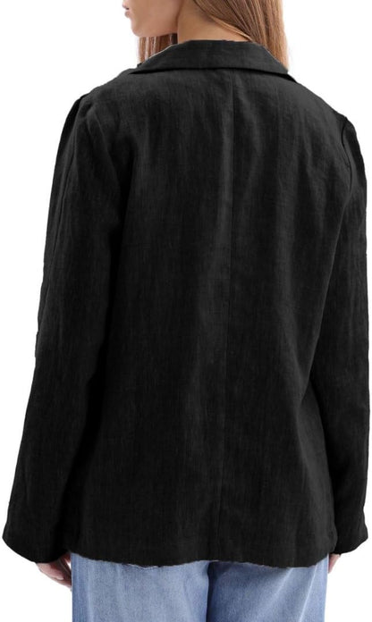 Women'S 100% Linen Notched Button Blazer Long Sleeve Jackets Office Coat