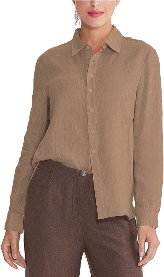 Women'S 100% Linen Button down Collar Shirt Casual Basic Roll-Up Sleeves Blouse Loose Tops Summer