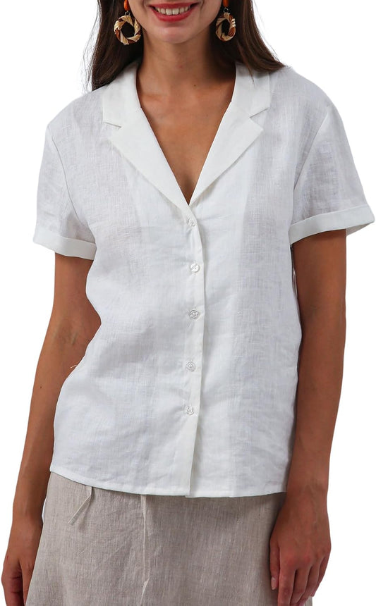 Women'S 100% Linen Hawaiian Shirt Casual Short Sleeve Button down Shirts