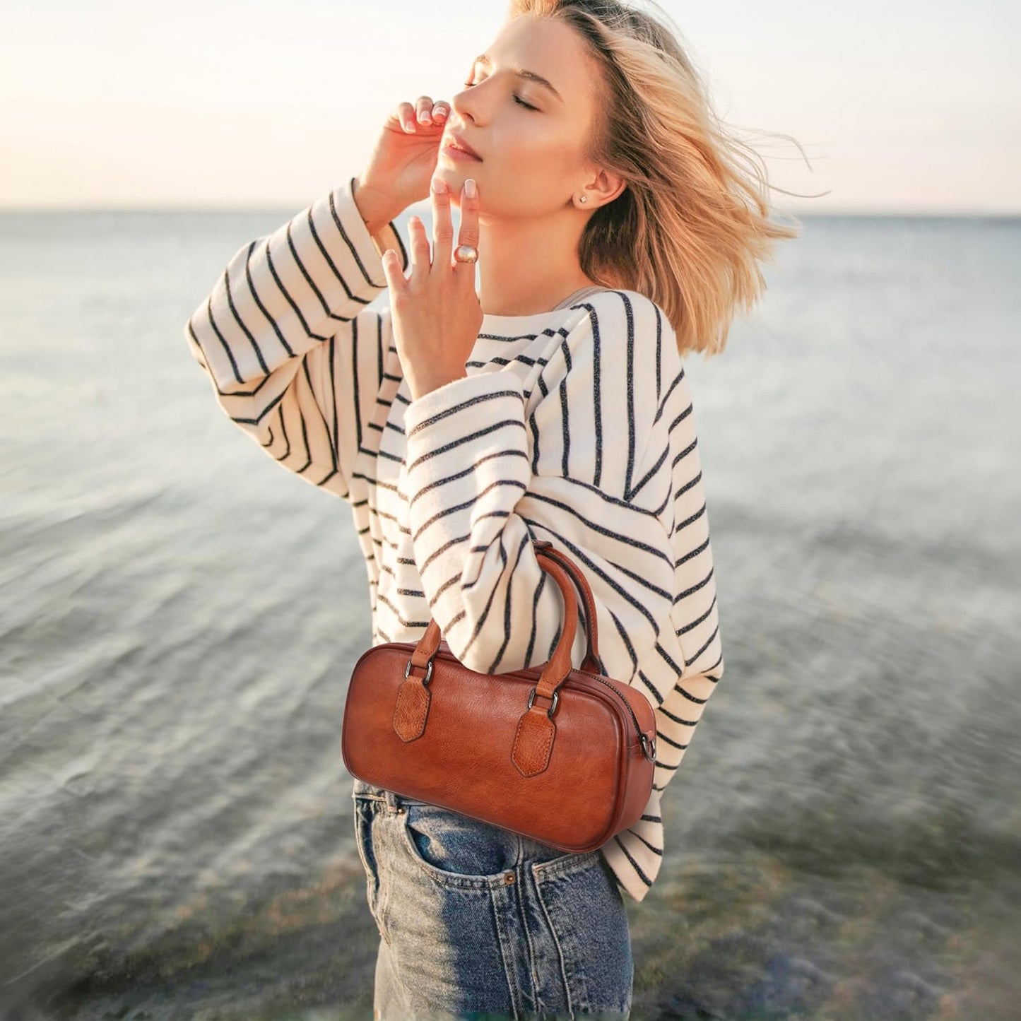 Leather Shoulder Bags for Women Satchel Handbags Zipper Crossbody Purse Top Handle Barrel Purse with Adjustable Strap
