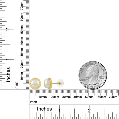 14K Yellow Gold 8MM White Button Shape Cultured Freshwater Pearl Stud Earrings for Women