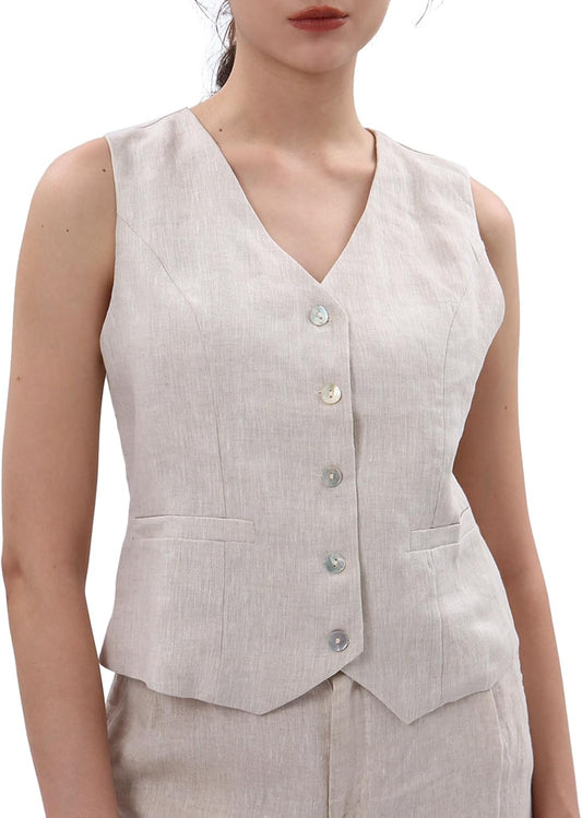Women'S 100% Linen Sleeveless Button down Crop Top Tie Back Waistcoat Vest