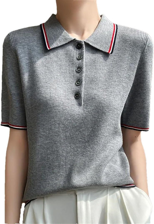 Women'S Polo Neck Pullover Wool Knitted Sweater Short Sleeved Commuter Clothes