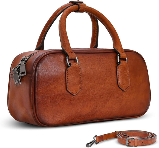 Leather Shoulder Bags for Women Satchel Handbags Zipper Crossbody Purse Top Handle Barrel Purse with Adjustable Strap