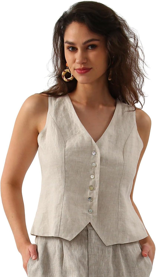 Womens Pure Linen Sleeveless Button down Crop Top V Neck Waistcoat Vest