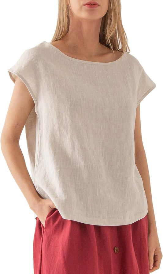 Womens 100% Linen Casual Cap Sleeve Tops Basic Summer Loose Fit Blouse