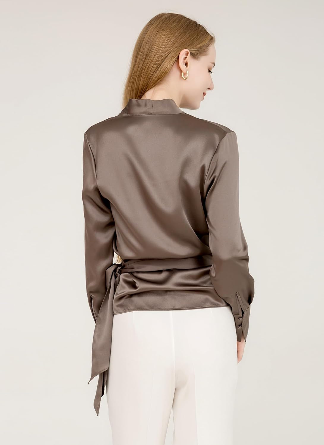 Luxury Mulberry Silk Elegant Fitted Wrap Silk Blouse Long Sleeve Shirt
