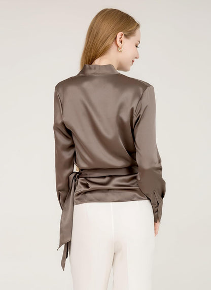Luxury Mulberry Silk Elegant Fitted Wrap Silk Blouse Long Sleeve Shirt