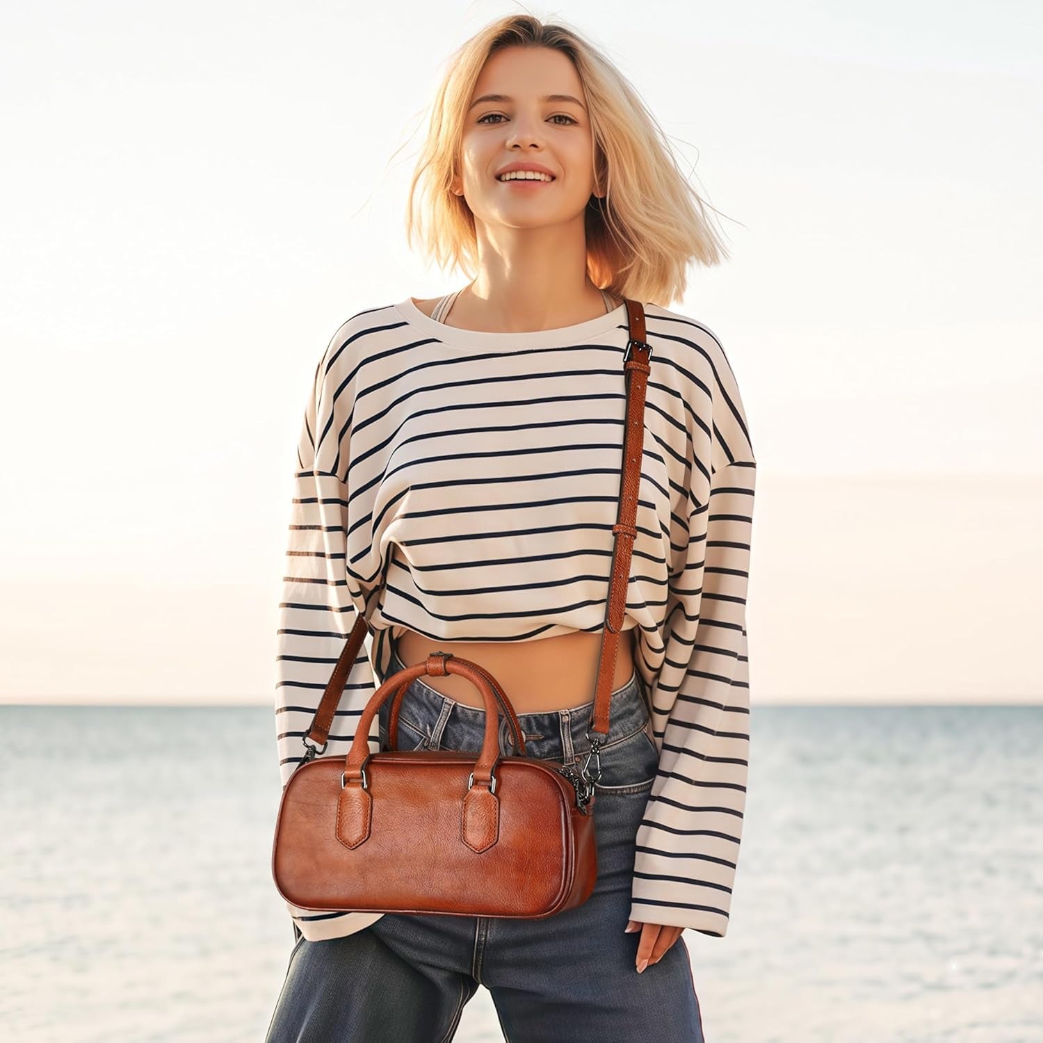Leather Shoulder Bags for Women Satchel Handbags Zipper Crossbody Purse Top Handle Barrel Purse with Adjustable Strap