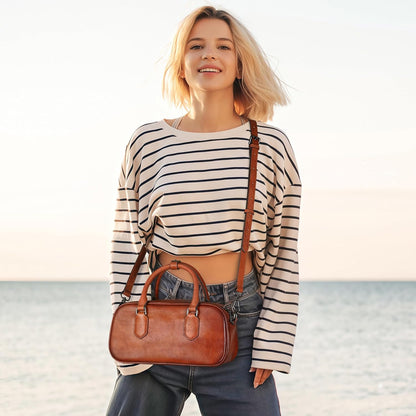 Leather Shoulder Bags for Women Satchel Handbags Zipper Crossbody Purse Top Handle Barrel Purse with Adjustable Strap