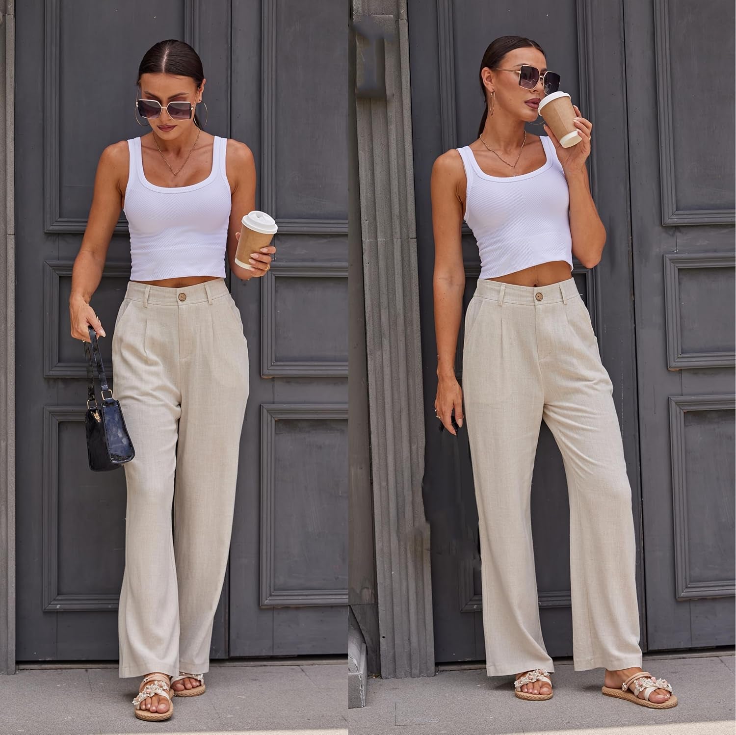 Women'S Linen Casual High Waist Wide Leg Straight Dress Cotton Linen Pants Button Trousers