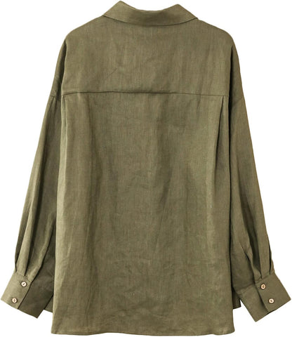 Womens 100% Linen Long Sleeves Button down Shirt Summer Casual Tops with Pocket